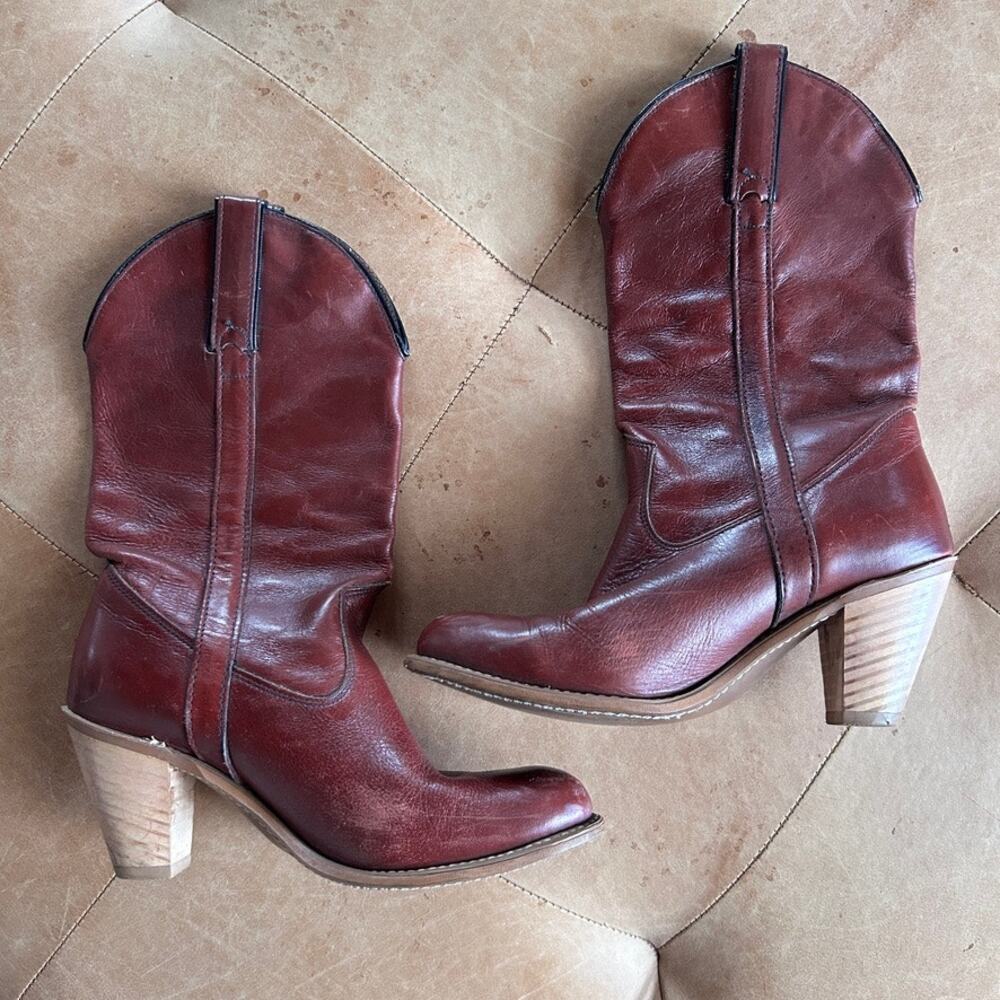Vintage 80s Brown Leather Cowboy Boots Mid Calf Western Women 7.5 8